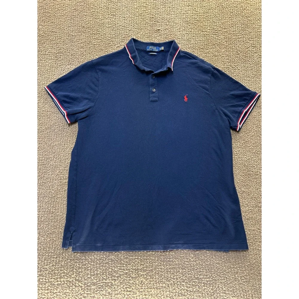 Polo Ralph Lauren Mens XL Navy Blue Tipped Custom Slim Fit Polo Shirt